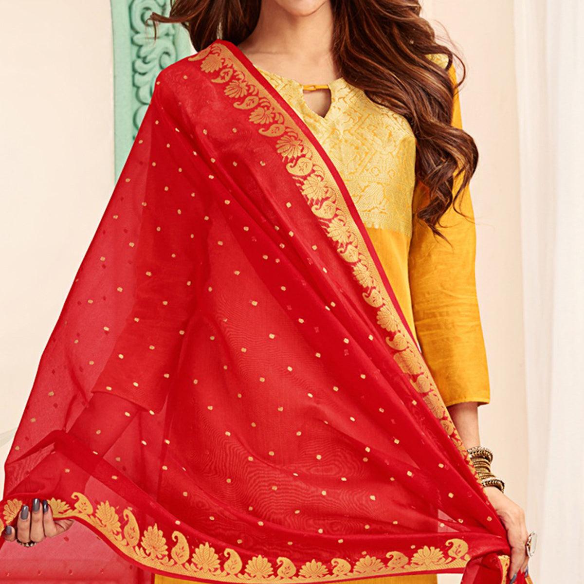 Flattering Yellow Colored Casual Wear Woven Banarasi Silk Dress Material - Peachmode