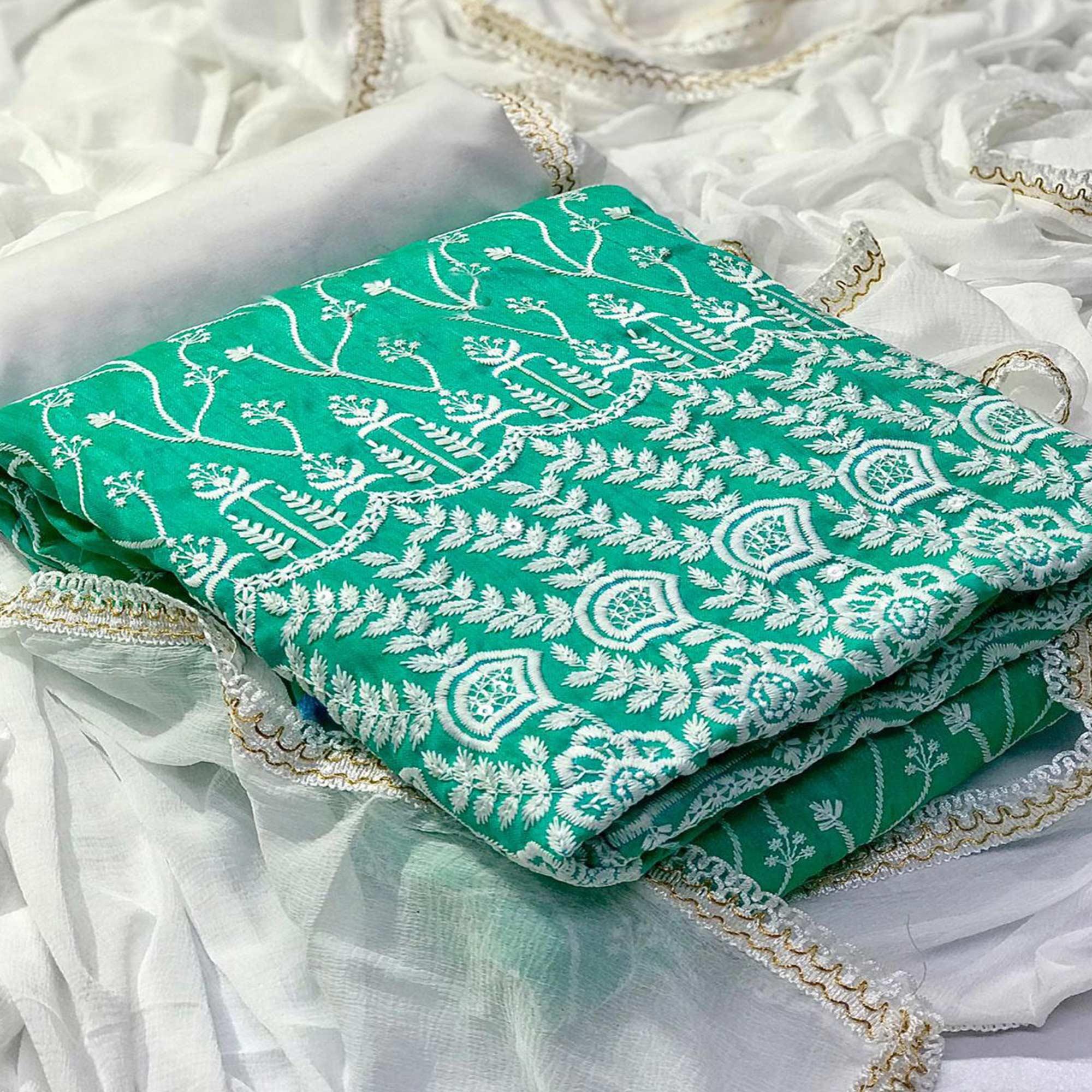 Flaunt Aqua Green Colored Casual Wear Floral Embroidered Cotton Dress Material - Peachmode