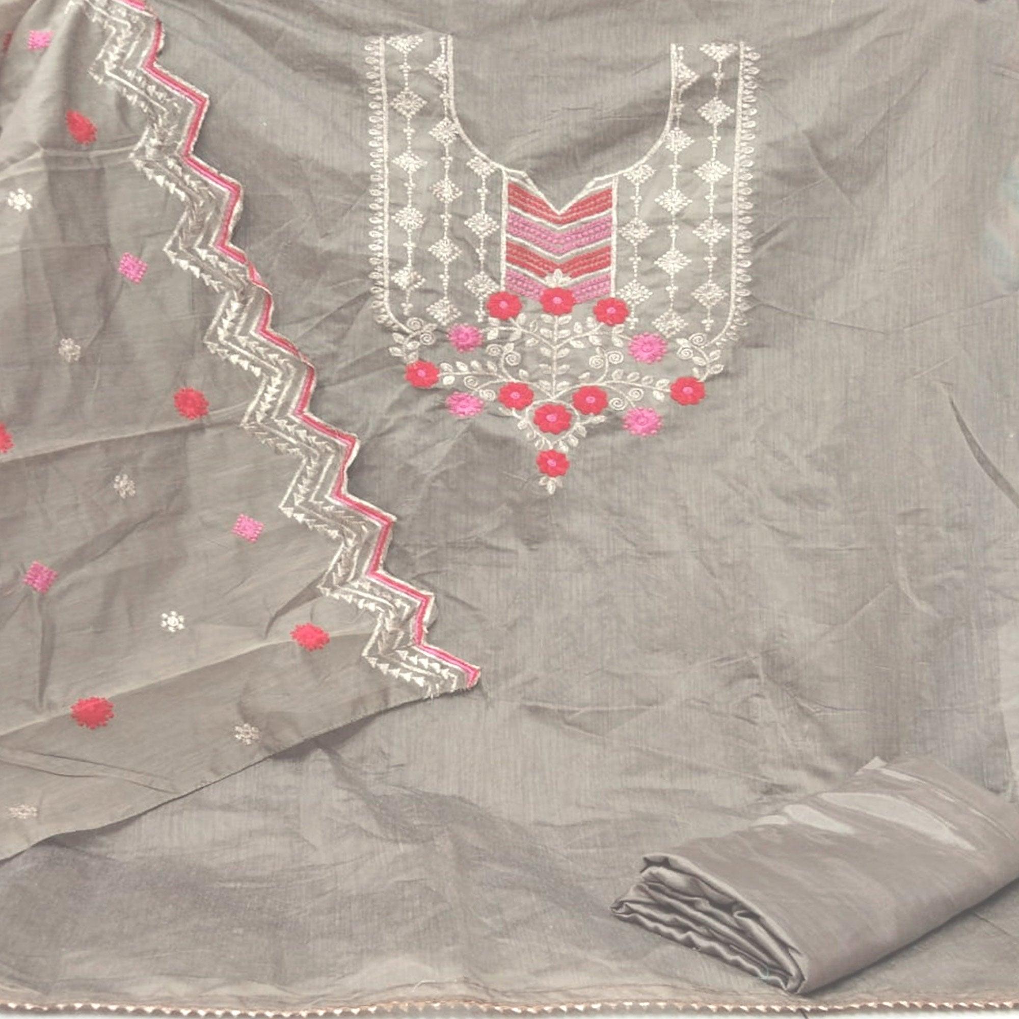 Flaunt Beige Colored Casual Wear Embroidered Chanderi Dress Material - Peachmode