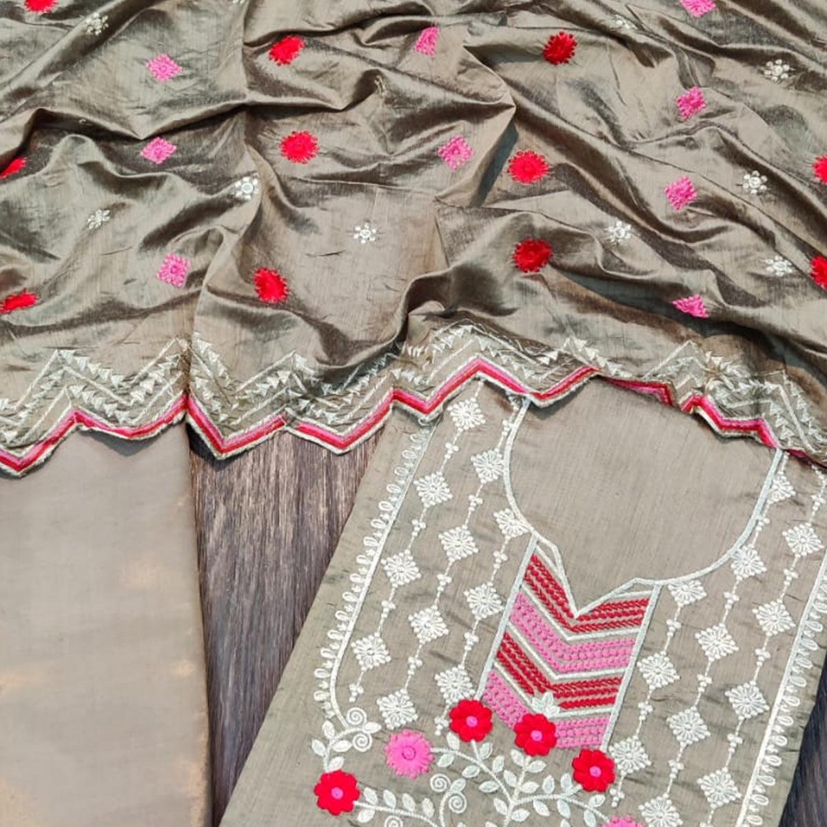 Flaunt Beige Colored Casual Wear Embroidered Chanderi Dress Material - Peachmode