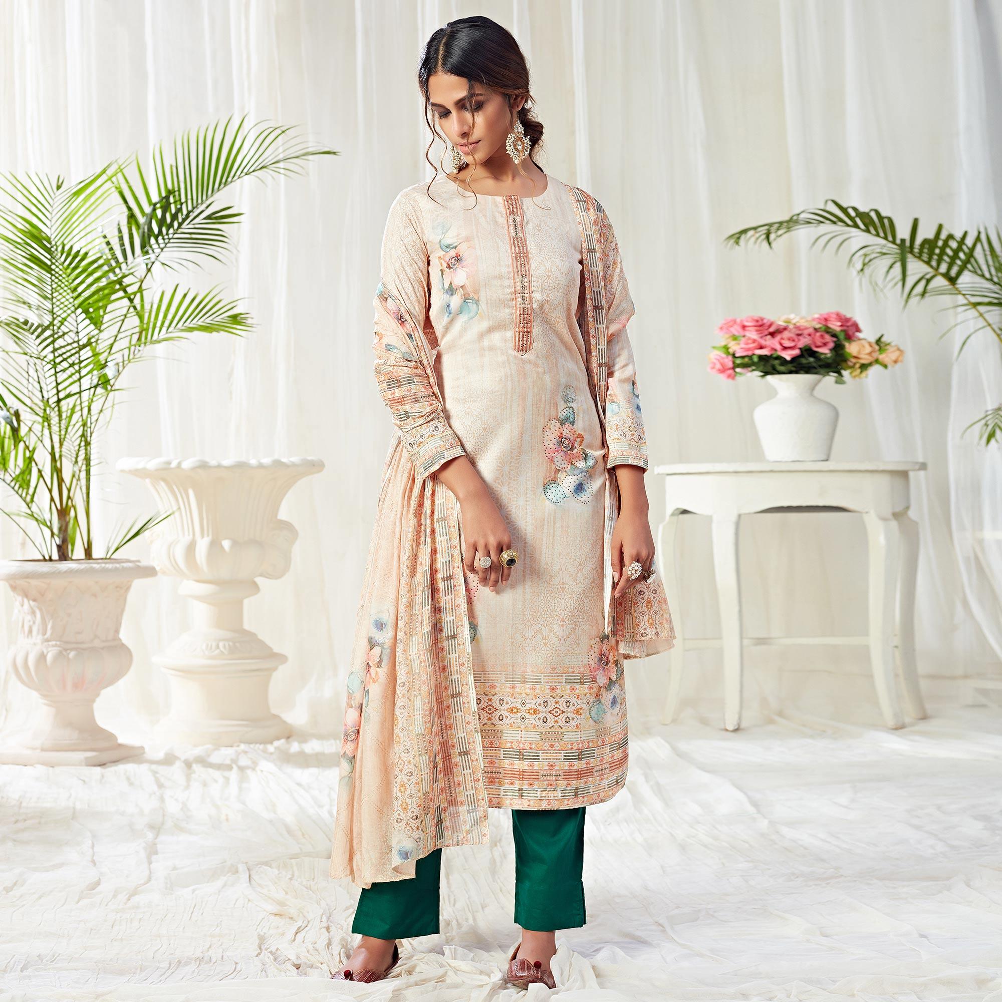 Flaunt Beige Colored Partywear Digital Printed Cotton Suit - Peachmode