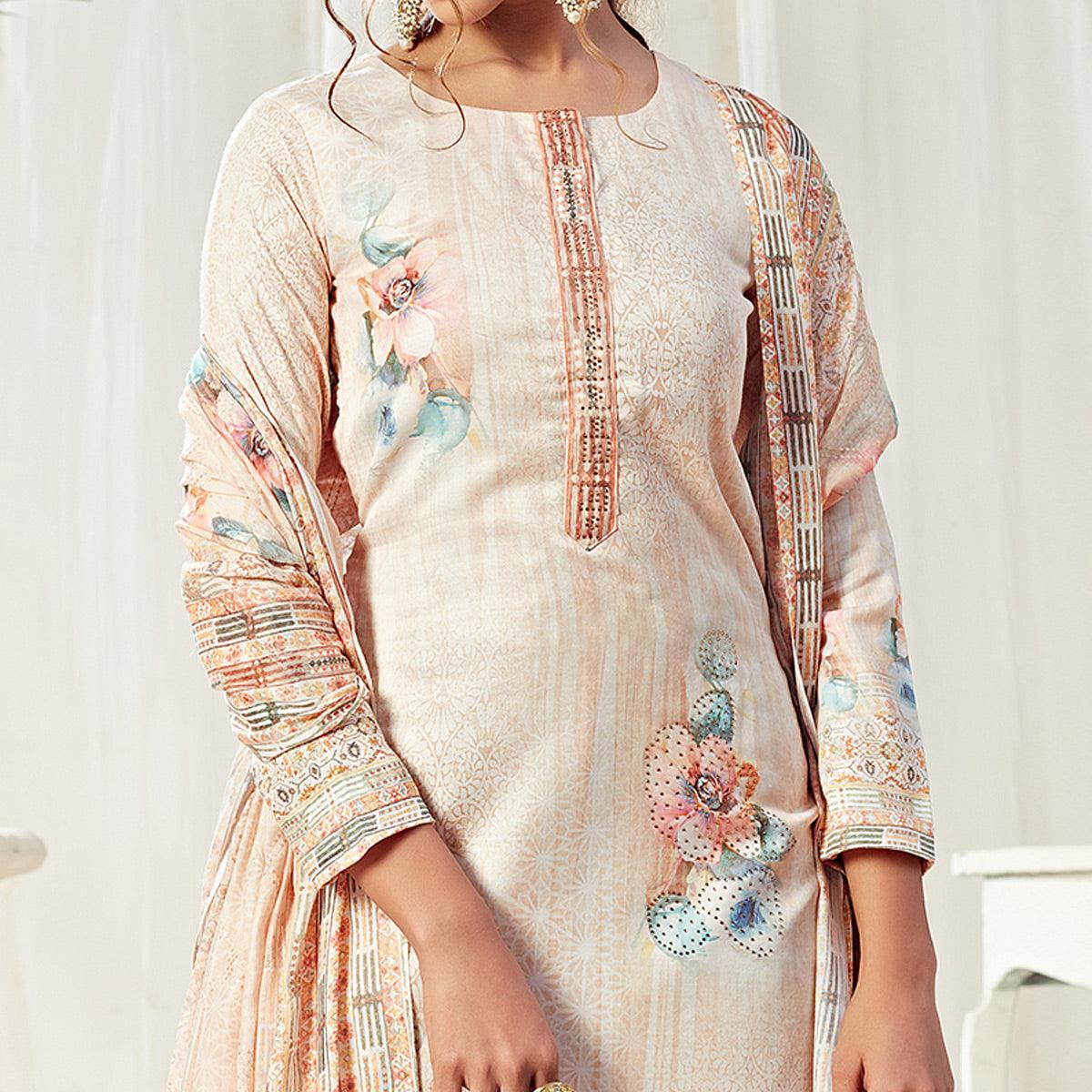 Flaunt Beige Colored Partywear Digital Printed Cotton Suit - Peachmode