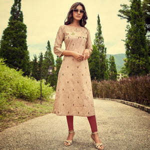 Flaunt Beige Colored Partywear Embroidered Cotton Slub Kurti-Pant Set - Peachmode