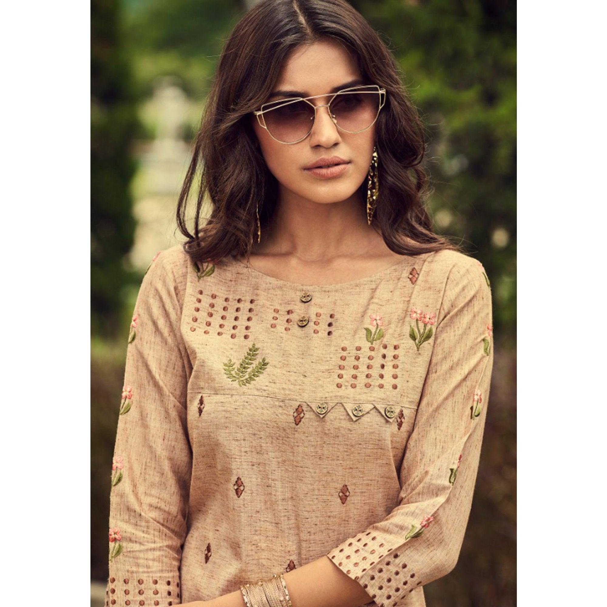 Flaunt Beige Colored Partywear Embroidered Cotton Slub Kurti-Pant Set - Peachmode