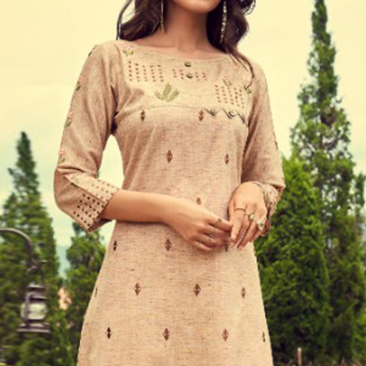 Flaunt Beige Colored Partywear Embroidered Cotton Slub Kurti-Pant Set - Peachmode