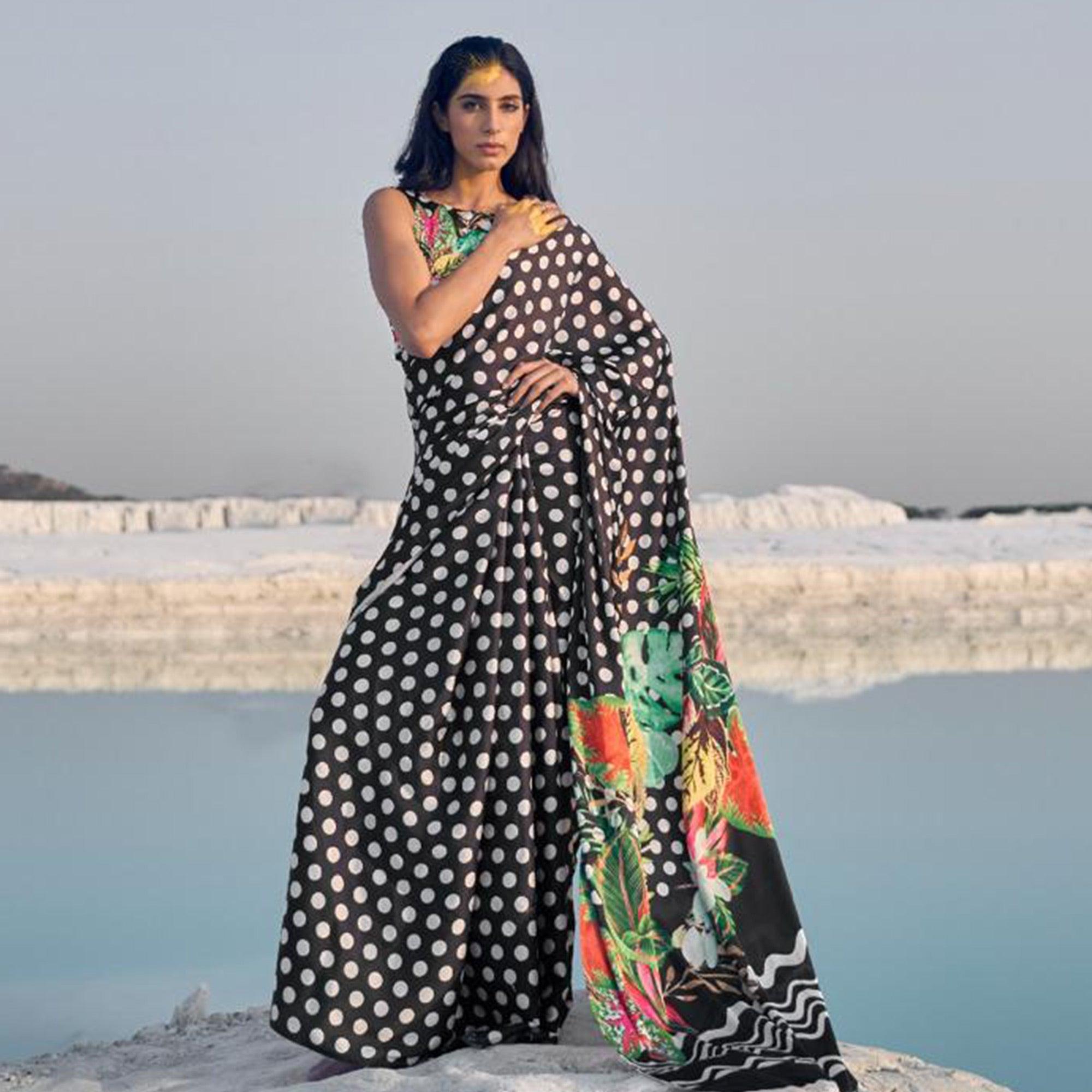 Flaunt Black Colored Partywear Digital Printed Japan Satin Crepe Saree - Peachmode