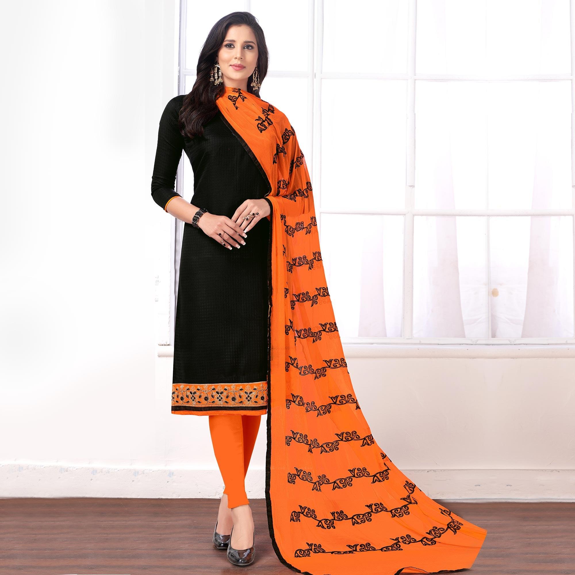 Flaunt Black Colored Partywear Embroidered Cotton Suit - Peachmode