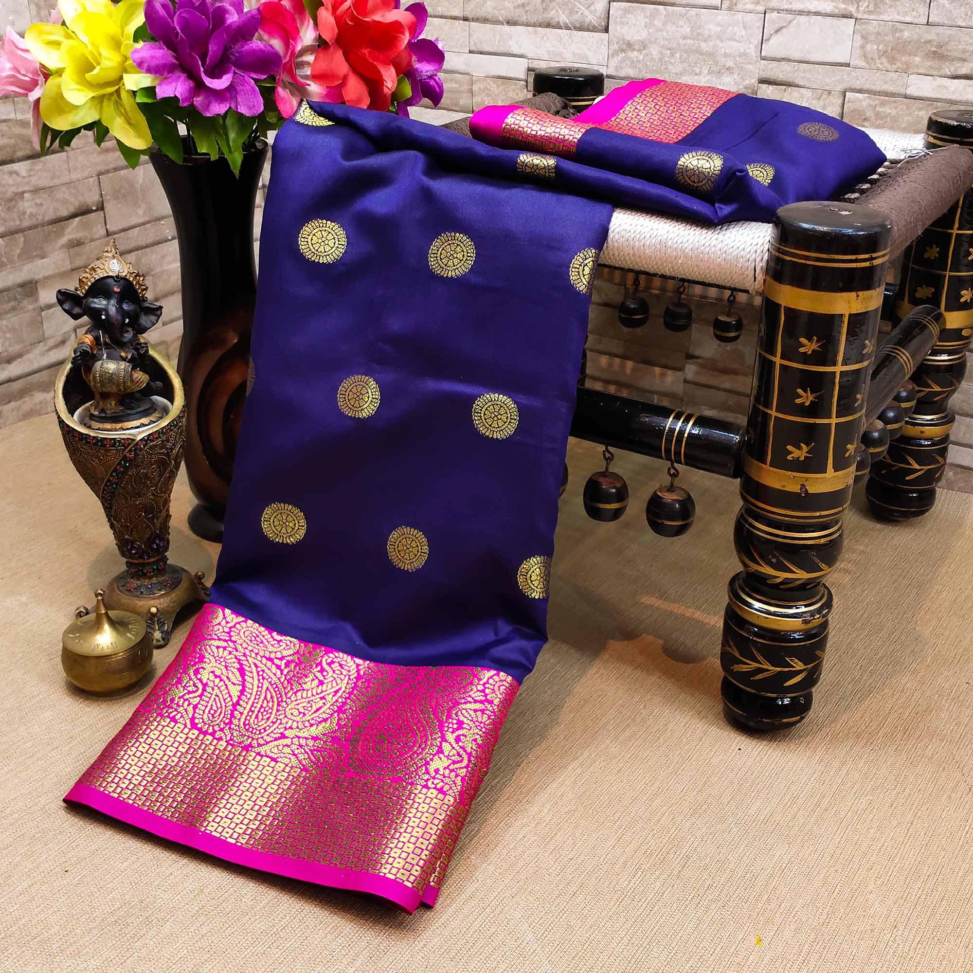 Flaunt Blue Colored Festive Wear Woven Kanjivaram Silk Saree - Peachmode