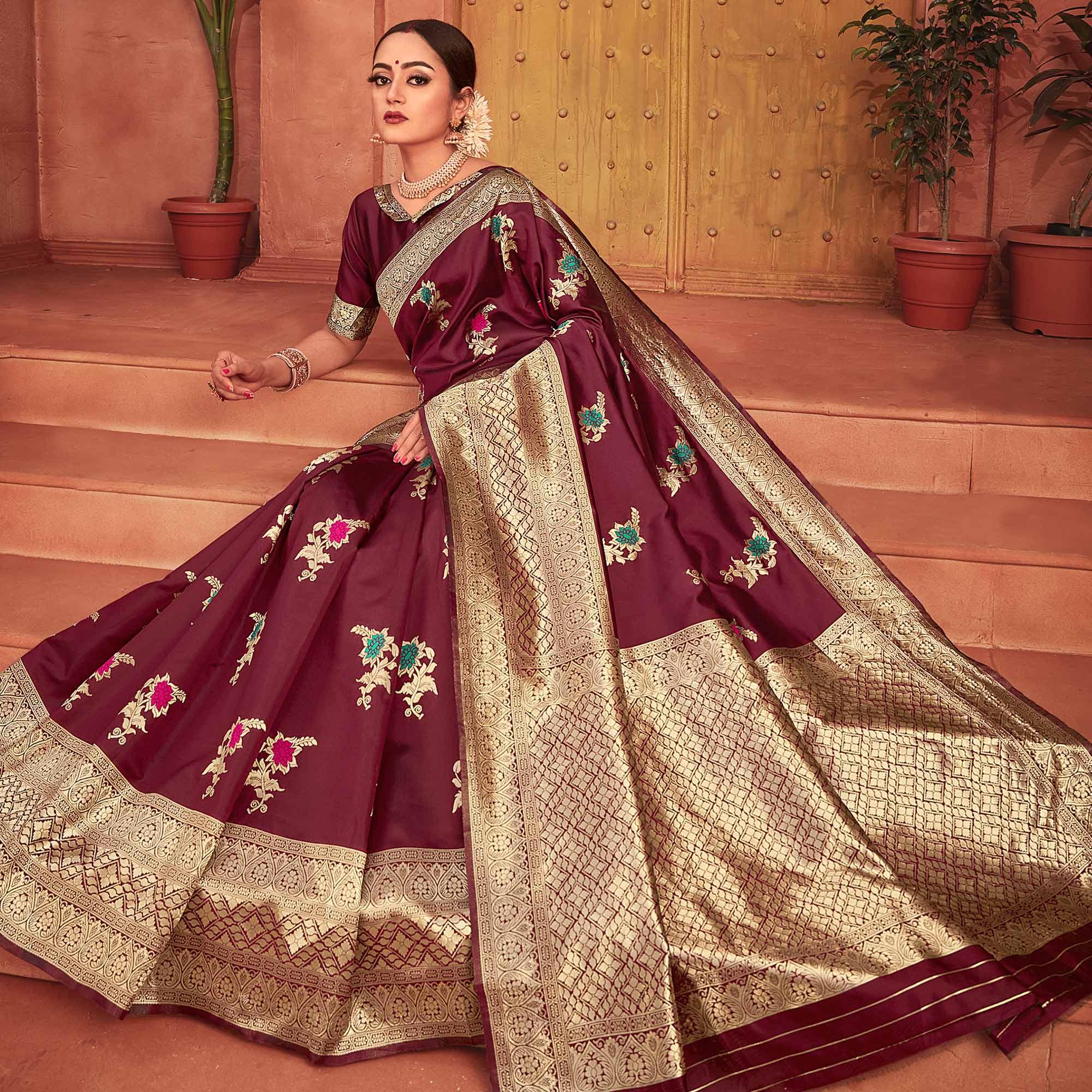 Flaunt Burgundy Colored Festive Wear Woven Designer Silk Saree - Peachmode
