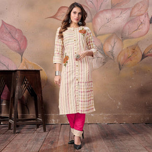 Flaunt Cream Colored Casual Embroidered Cotton Kurti-Bottom Set - Peachmode