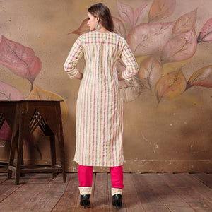 Flaunt Cream Colored Casual Embroidered Cotton Kurti-Bottom Set - Peachmode