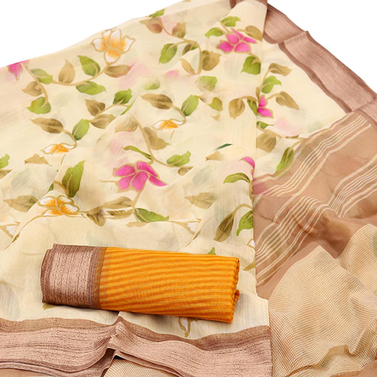 Flaunt Cream Colored Casual Wear Floral Printed Cotton Saree - Peachmode