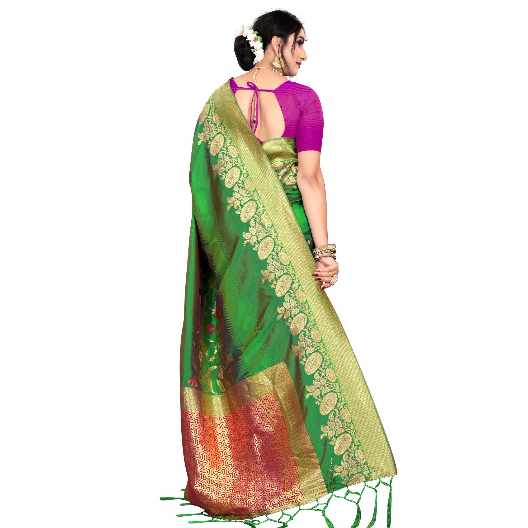 Flaunt Green Colored Festive Wear Meenakari Woven Work Silk Saree With Tassels - Peachmode