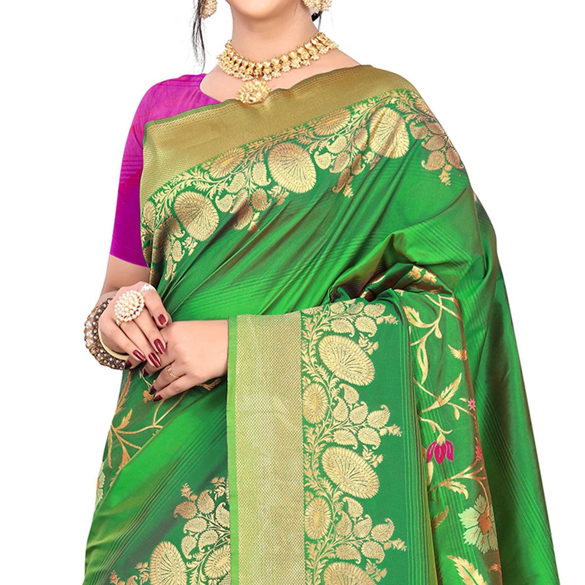 Flaunt Green Colored Festive Wear Meenakari Woven Work Silk Saree With Tassels - Peachmode