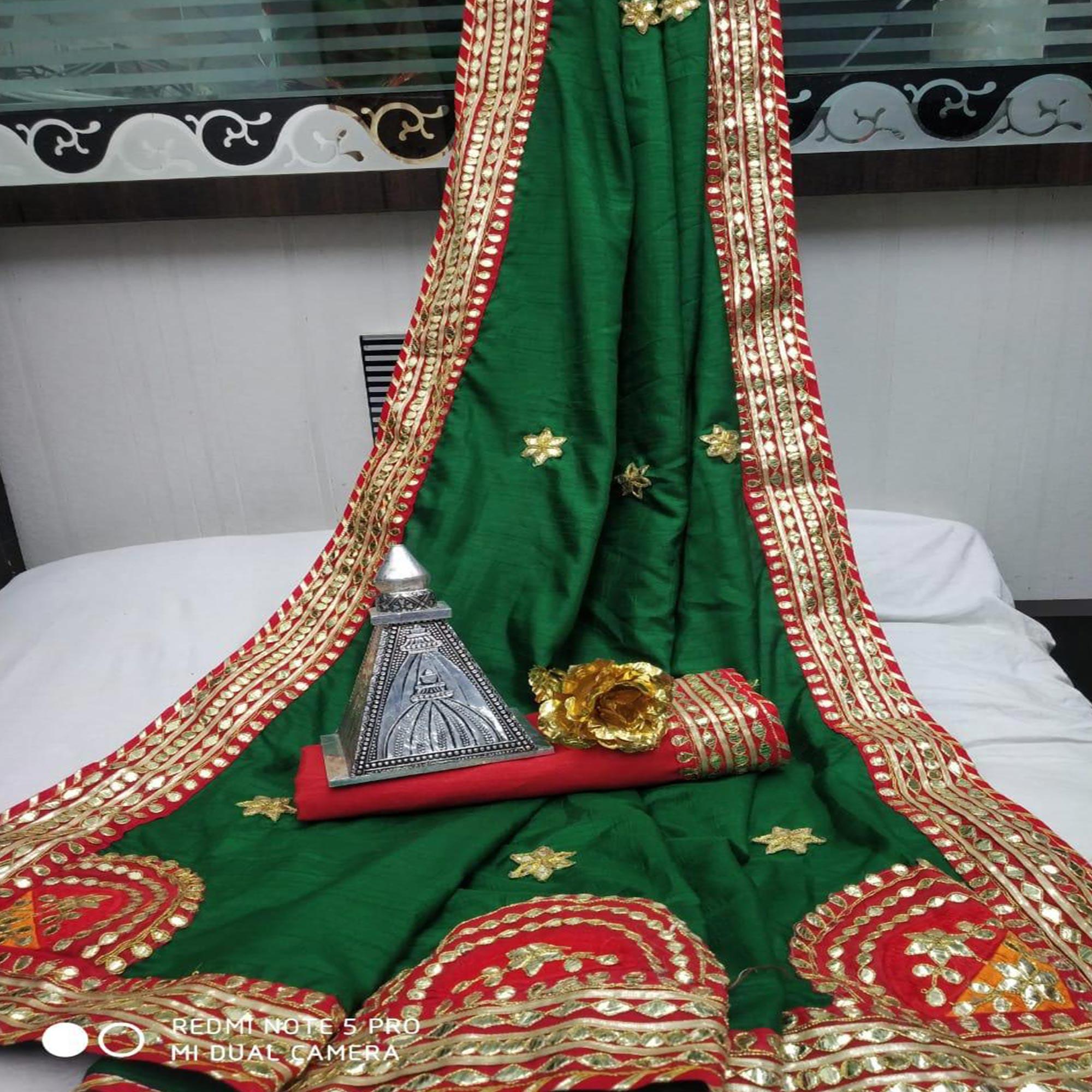 Flaunt Green Colored Festive Wear Woven Moss Georgette Saree - Peachmode