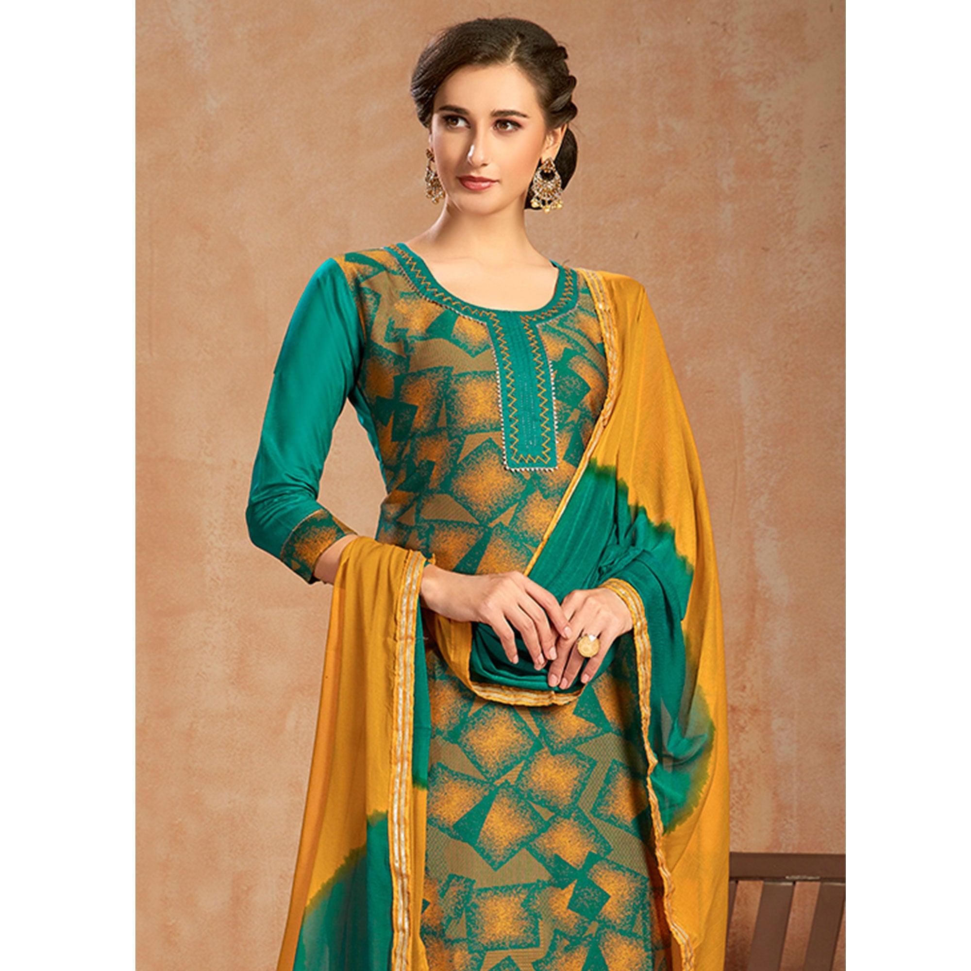 Flaunt Green Colored Partywear Embroidered Pure Cotton Dress Material - Peachmode