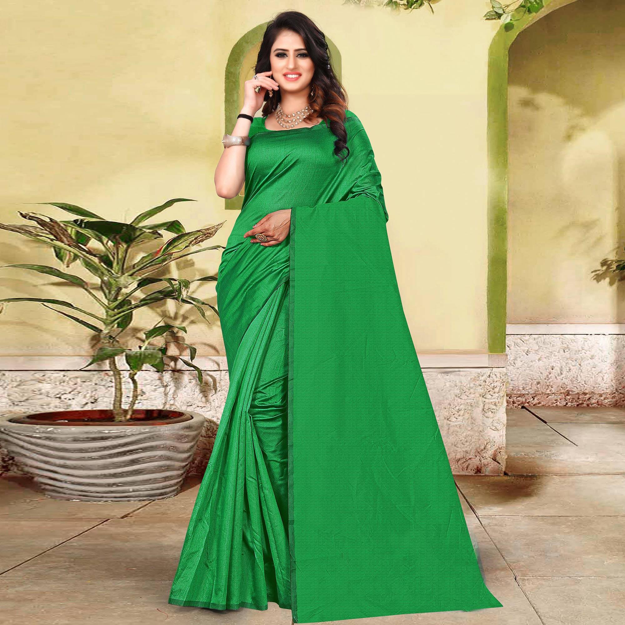 Flaunt Green Colored Partywear Solid Cotton Silk Saree - Peachmode