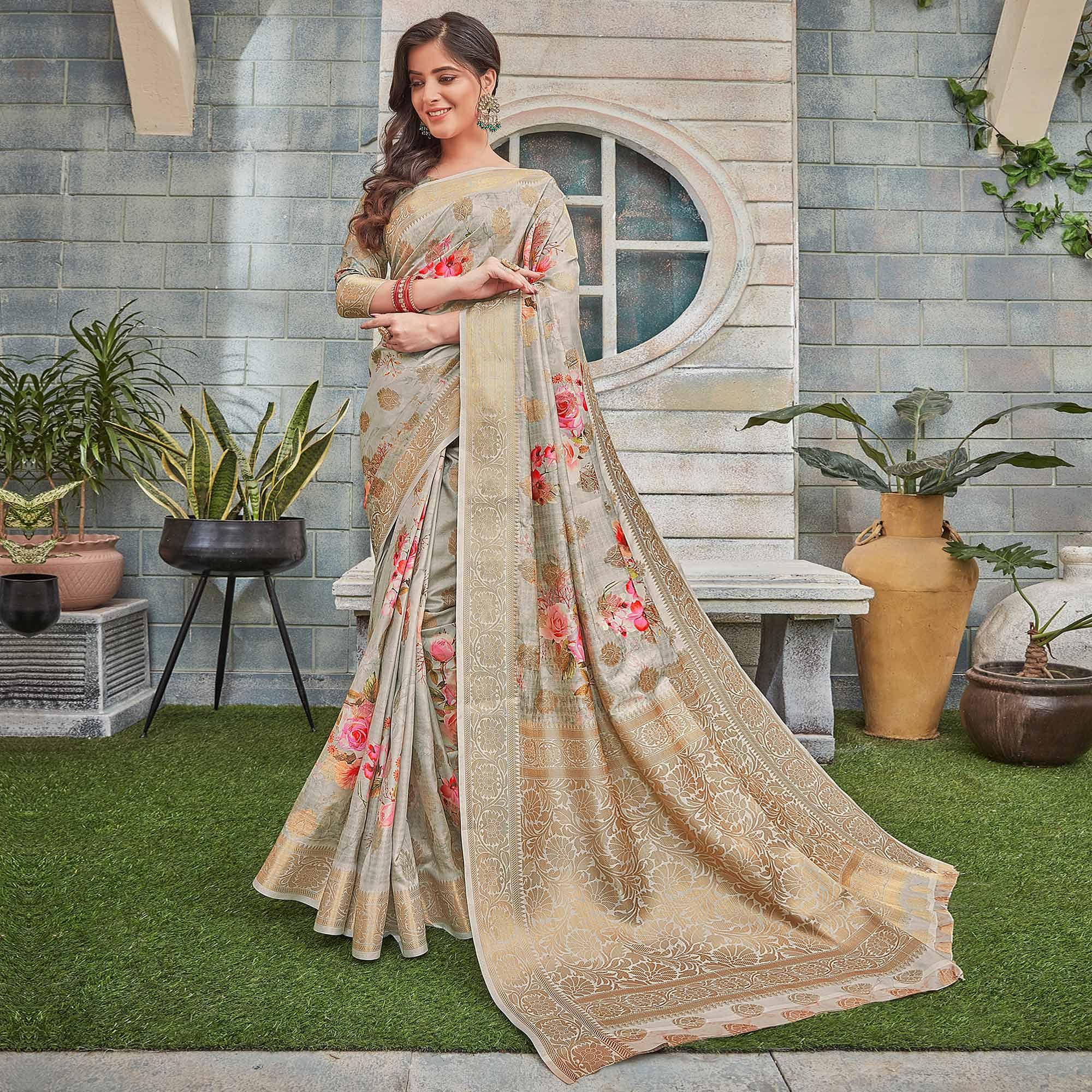 Flaunt Grey Colored Festive Wear Woven Silk Saree - Peachmode