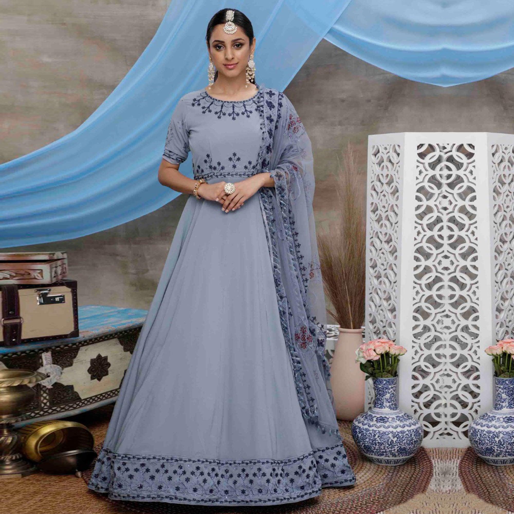 Flaunt Grey Colored Partywear Embroidered Georgette Anarkali Suit - Peachmode