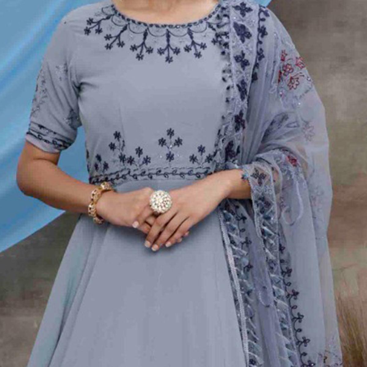 Flaunt Grey Colored Partywear Embroidered Georgette Anarkali Suit - Peachmode