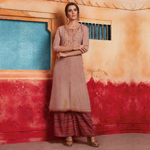 Flaunt Light Brown Colored Partywear Embroidered Pure Muslin-Silk Kurti-Palazzo Set - Peachmode