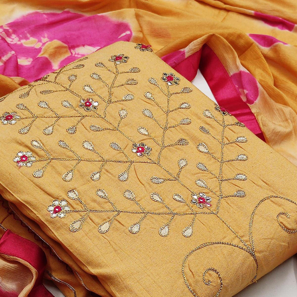Flaunt Mustard Colored Festive Wear Embroidered Handloom Cotton Dress Material - Peachmode