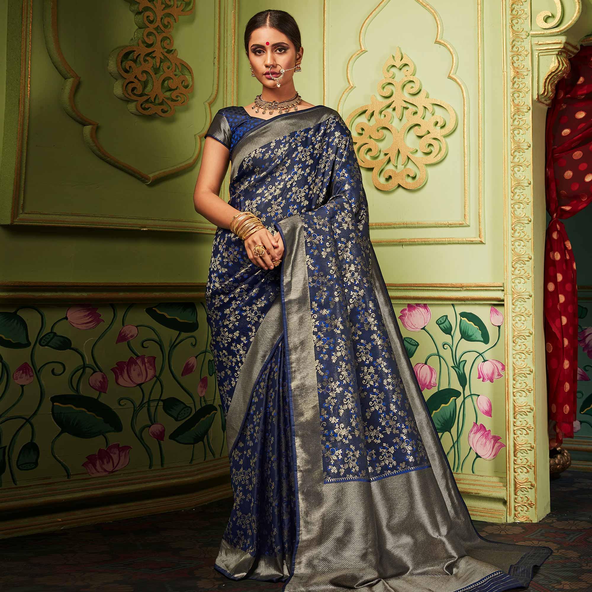 Flaunt Navy Blue Colored Festive Wear Woven Banarasi Silk Saree - Peachmode