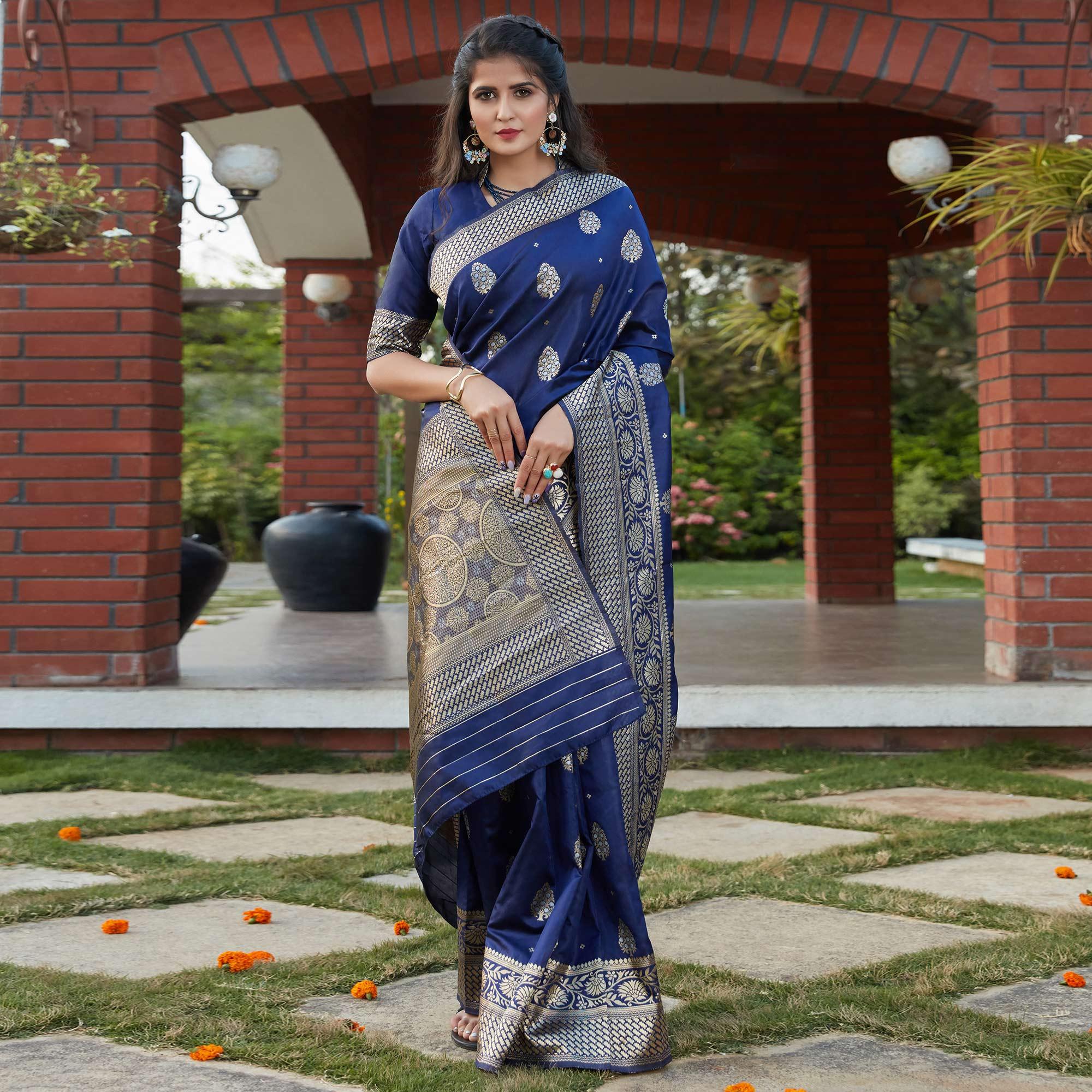 Flaunt Navy Blue Colored Festive Wear Woven Banarasi Silk Saree - Peachmode