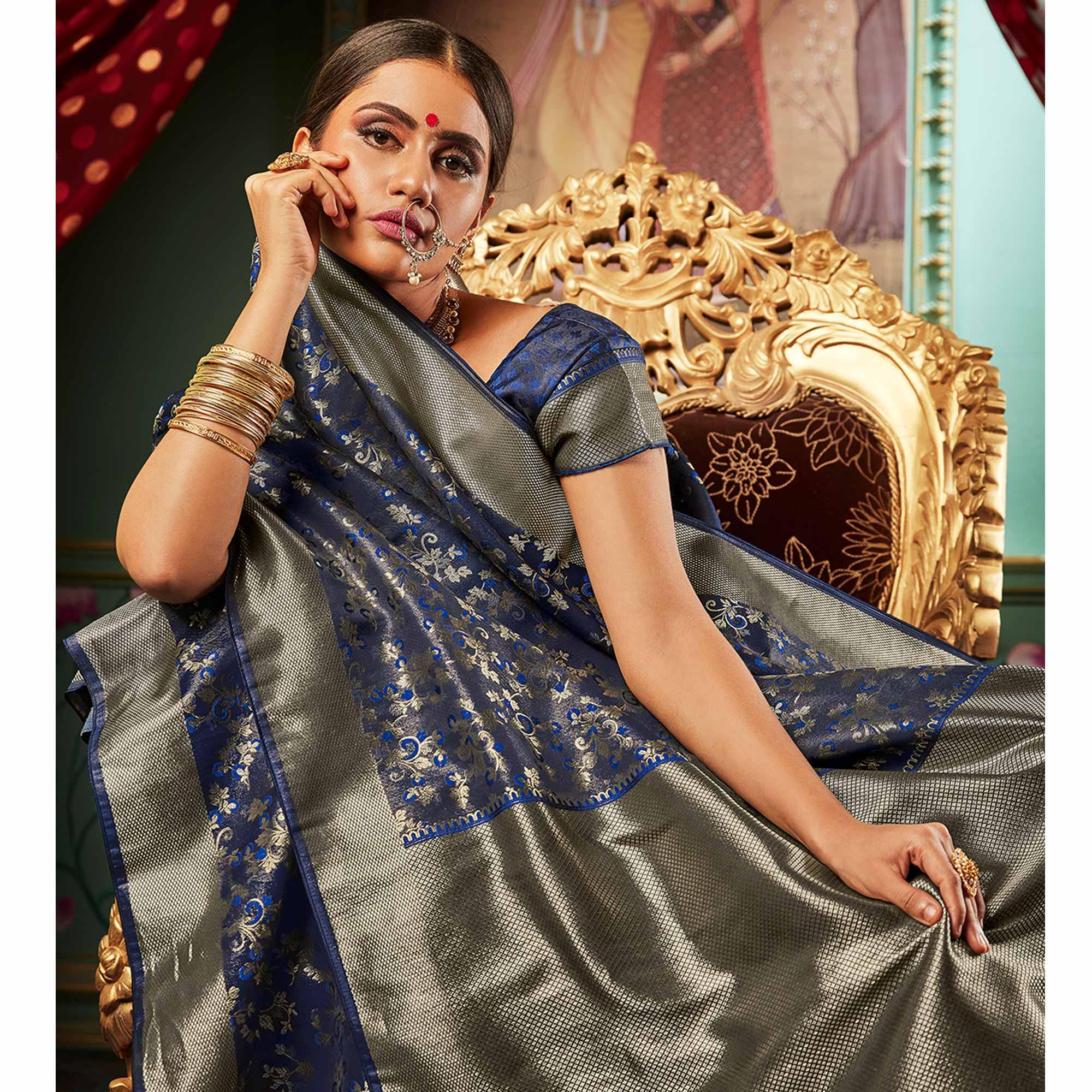 Flaunt Navy Blue Colored Festive Wear Woven Banarasi Silk Saree - Peachmode