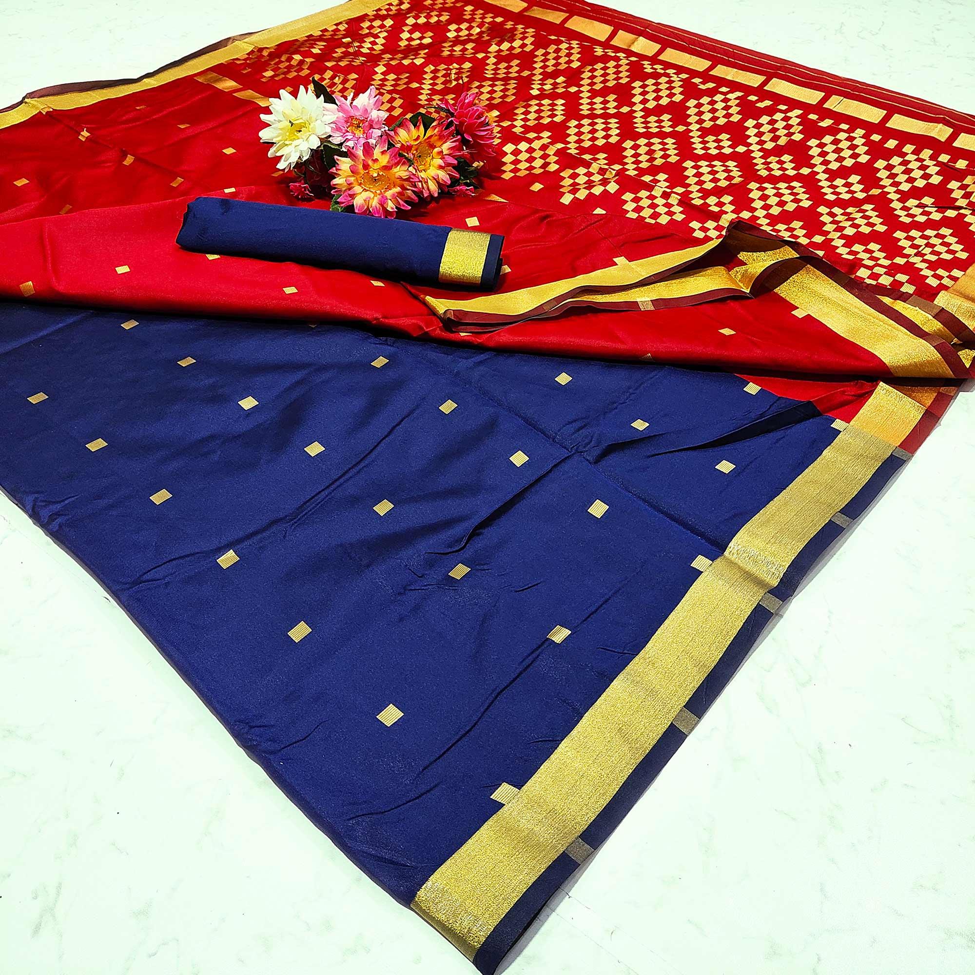 Flaunt Navy Blue Colored Festive Wear Woven Soft Silk Saree - Peachmode