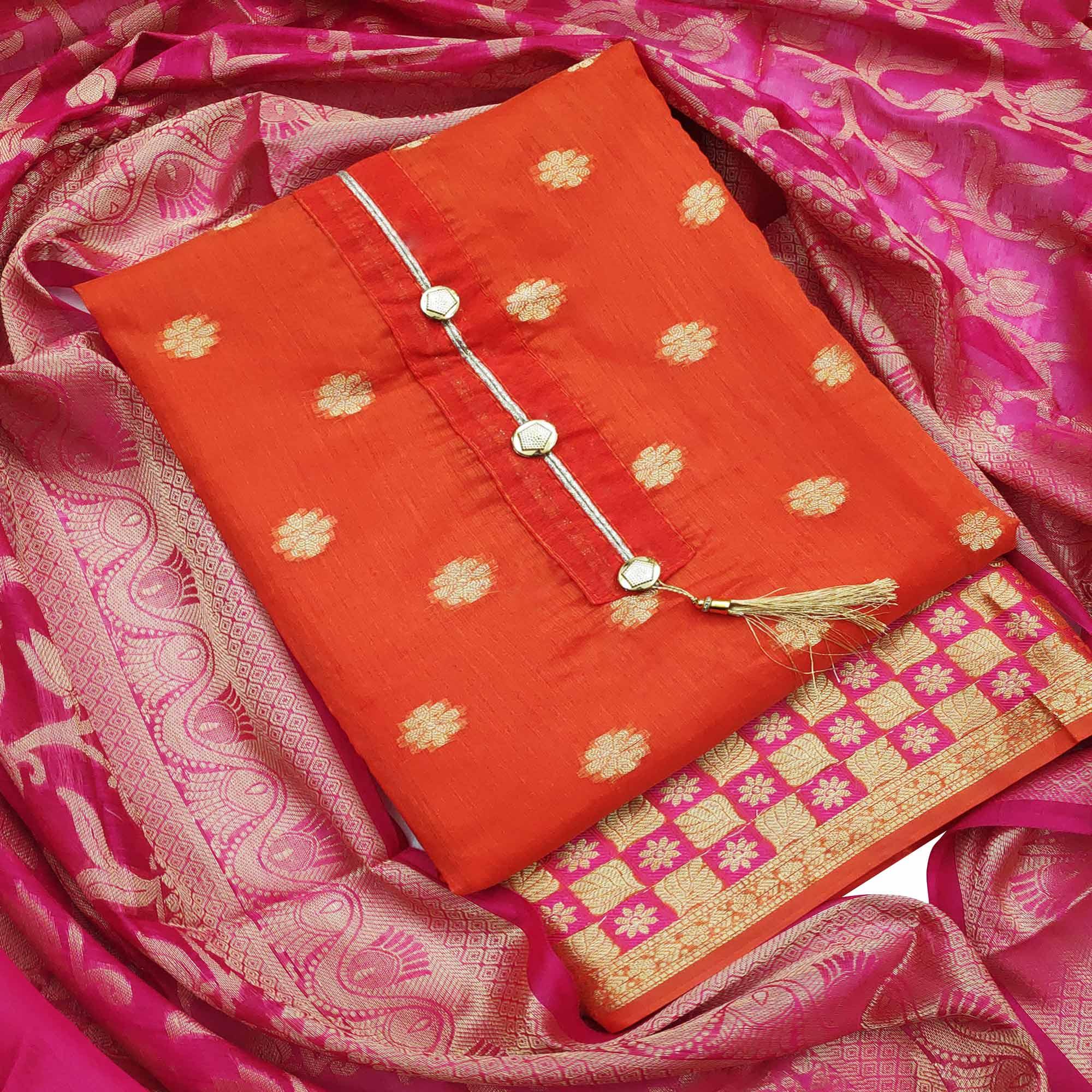 Flaunt Orange Colored Festive Wear Woven Banarasi Silk Dress Material - Peachmode