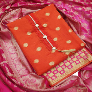 Flaunt Orange Colored Festive Wear Woven Banarasi Silk Dress Material - Peachmode