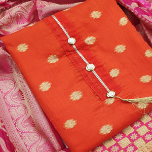 Flaunt Orange Colored Festive Wear Woven Banarasi Silk Dress Material - Peachmode