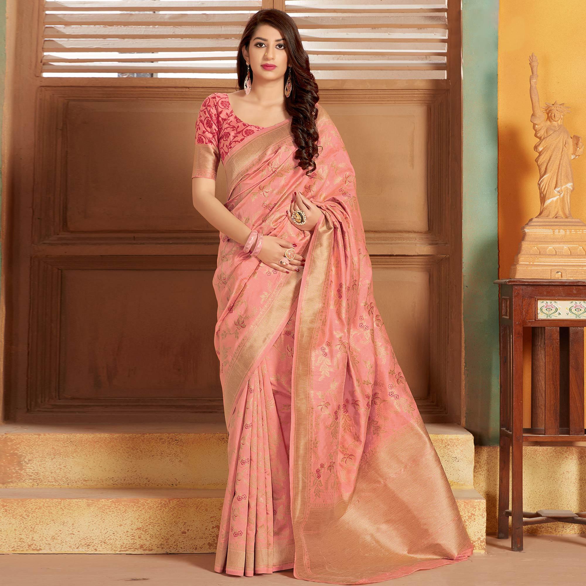 Flaunt Peach Colored Festive Wear Woven Silk Saree - Peachmode