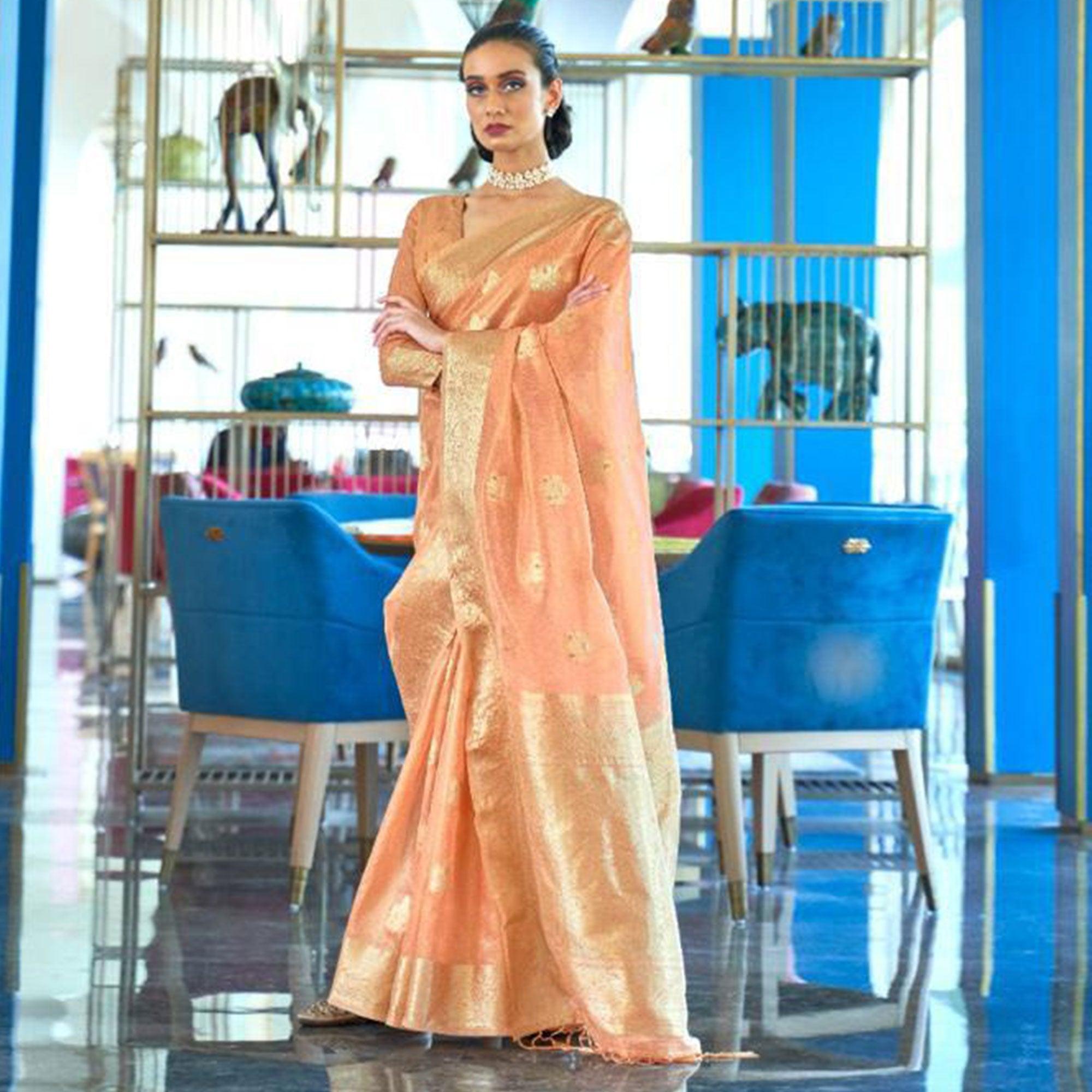 Flaunt Peach Coloured Partywear Organza weaving Saree - Peachmode