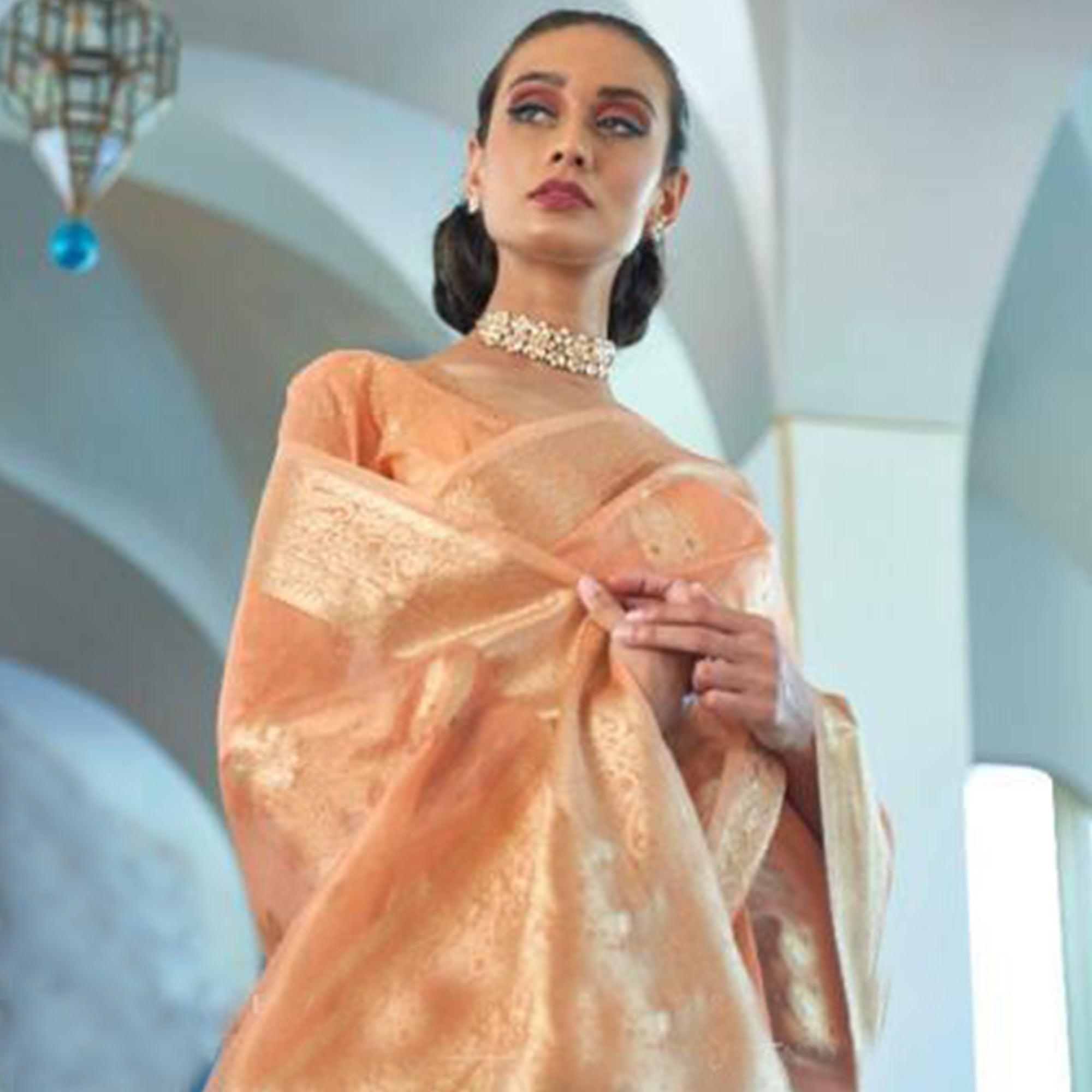 Flaunt Peach Coloured Partywear Organza weaving Saree - Peachmode