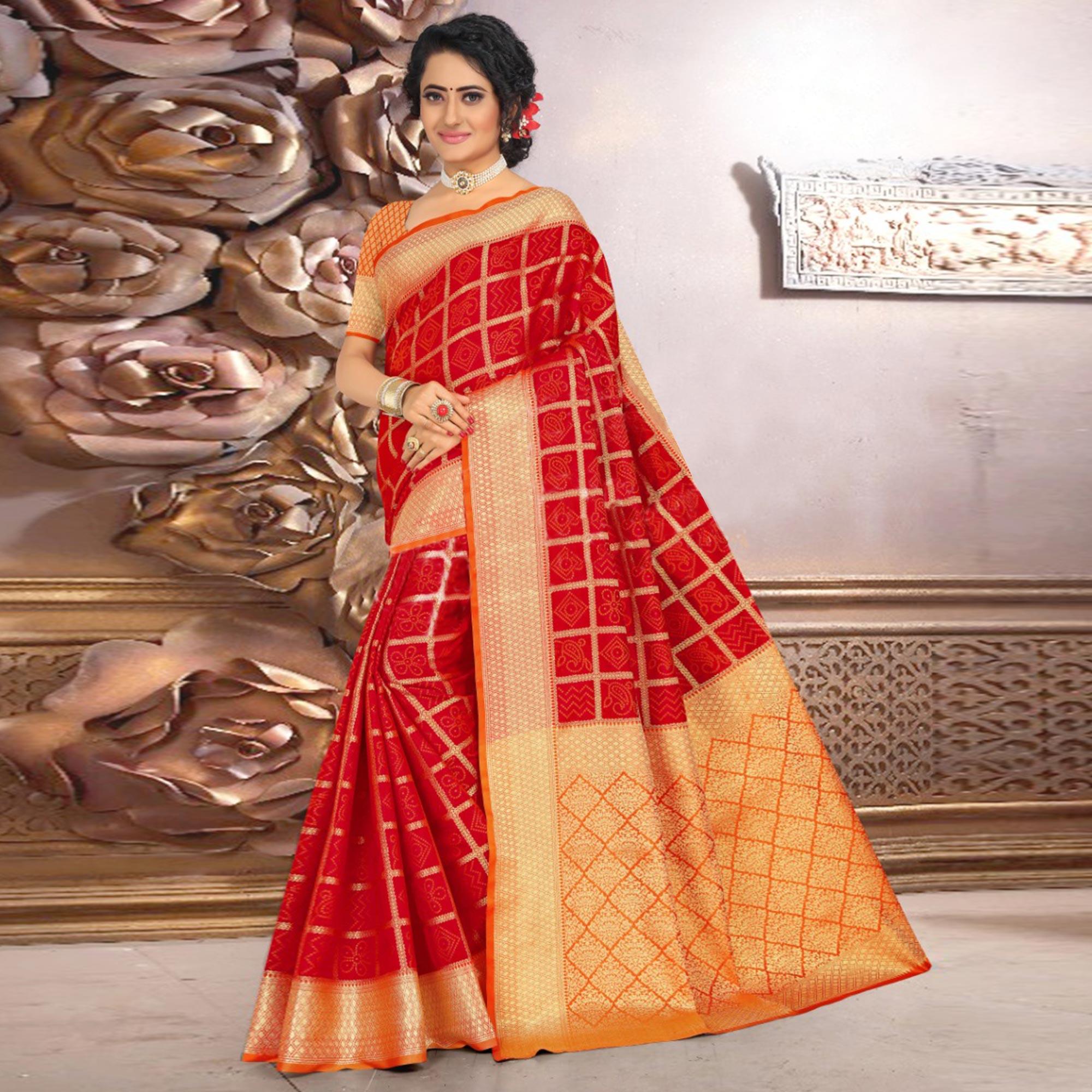 Flaunt Red Colored Festive Wear Woven Banarasi Silk Saree - Peachmode