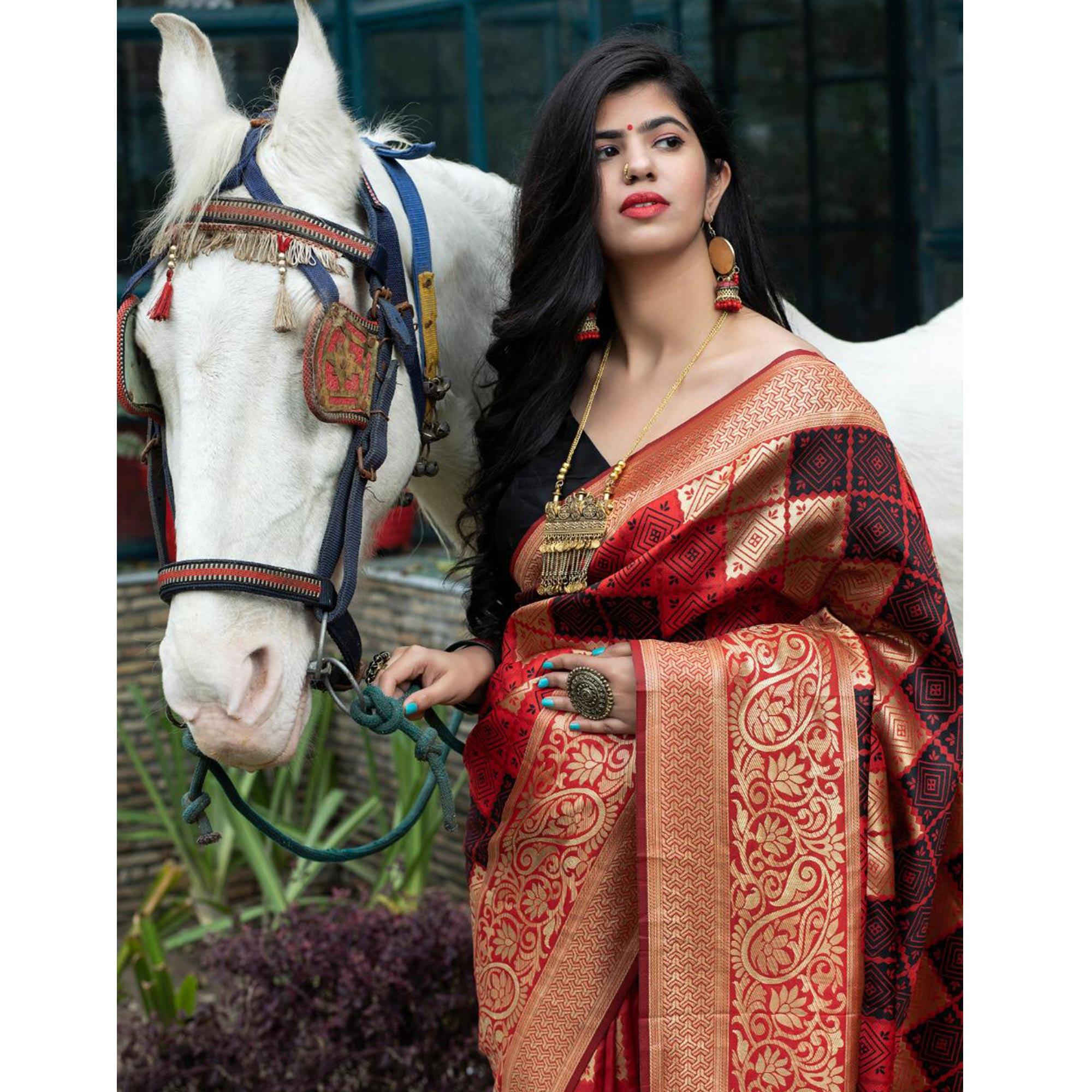 Flaunt Red Colored Festive Wear Woven Banarasi Silk Saree - Peachmode