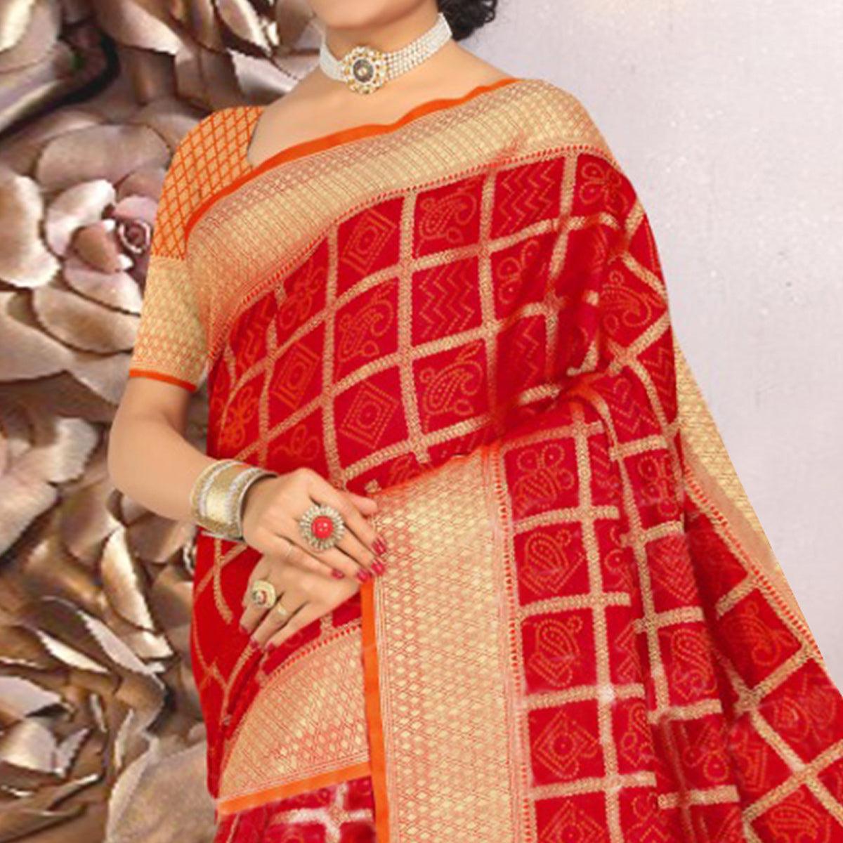 Flaunt Red Colored Festive Wear Woven Banarasi Silk Saree - Peachmode