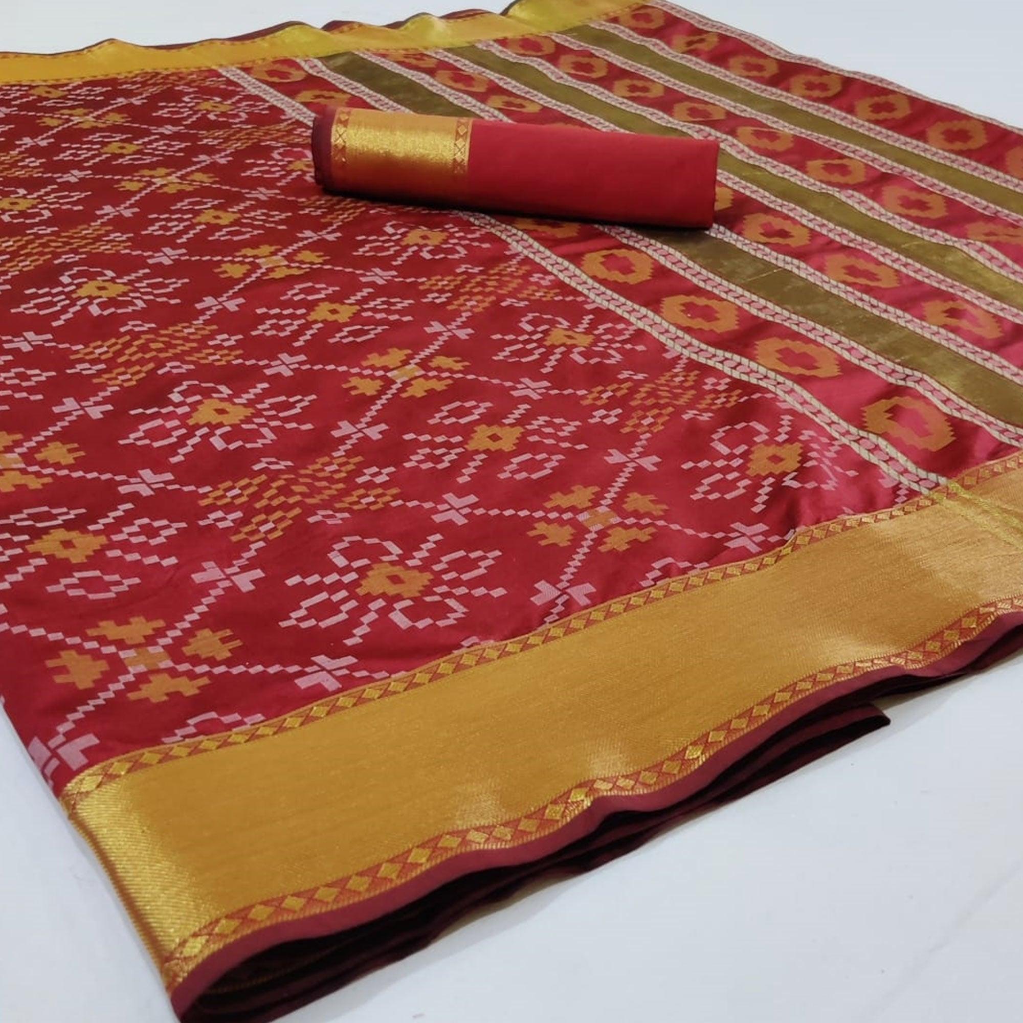 Flaunt Red Colored Festive Wear Woven Silk Saree - Peachmode