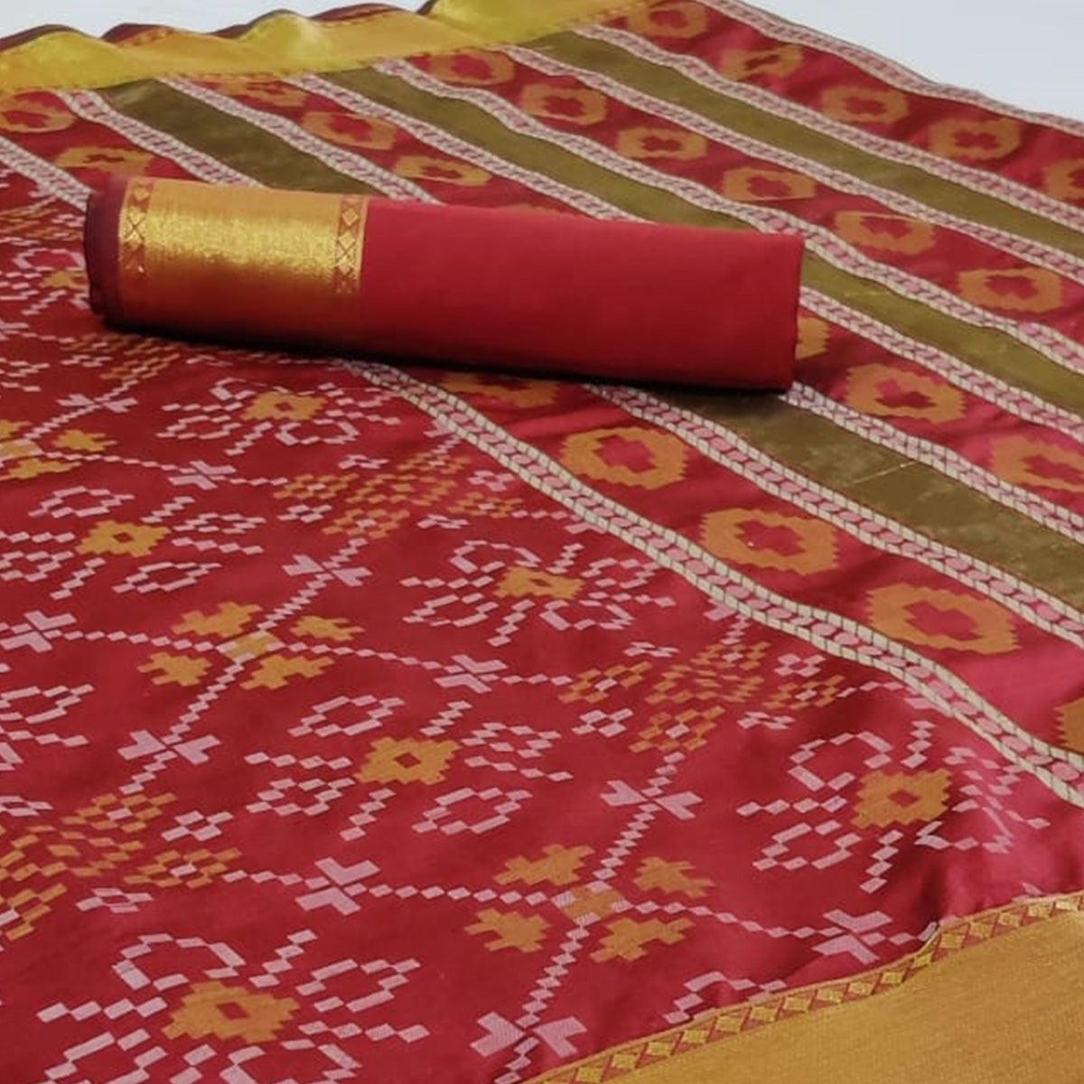 Flaunt Red Colored Festive Wear Woven Silk Saree - Peachmode
