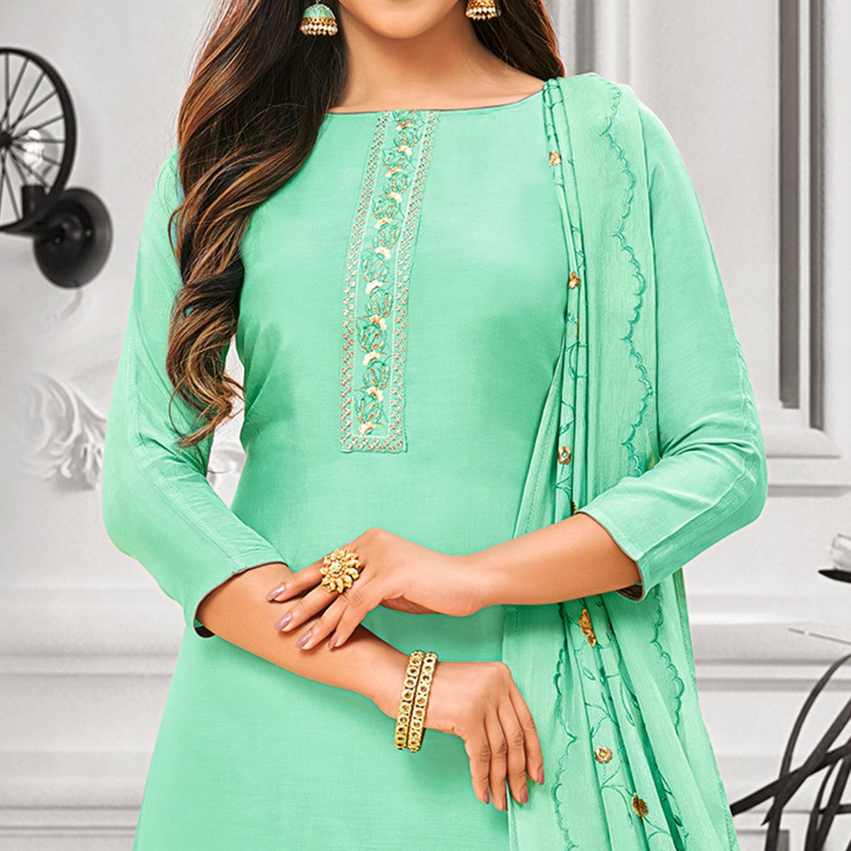 Flaunt Turquoise Green Colored Party Wear Embroidered Cotton Silk Palazzo Suit - Peachmode