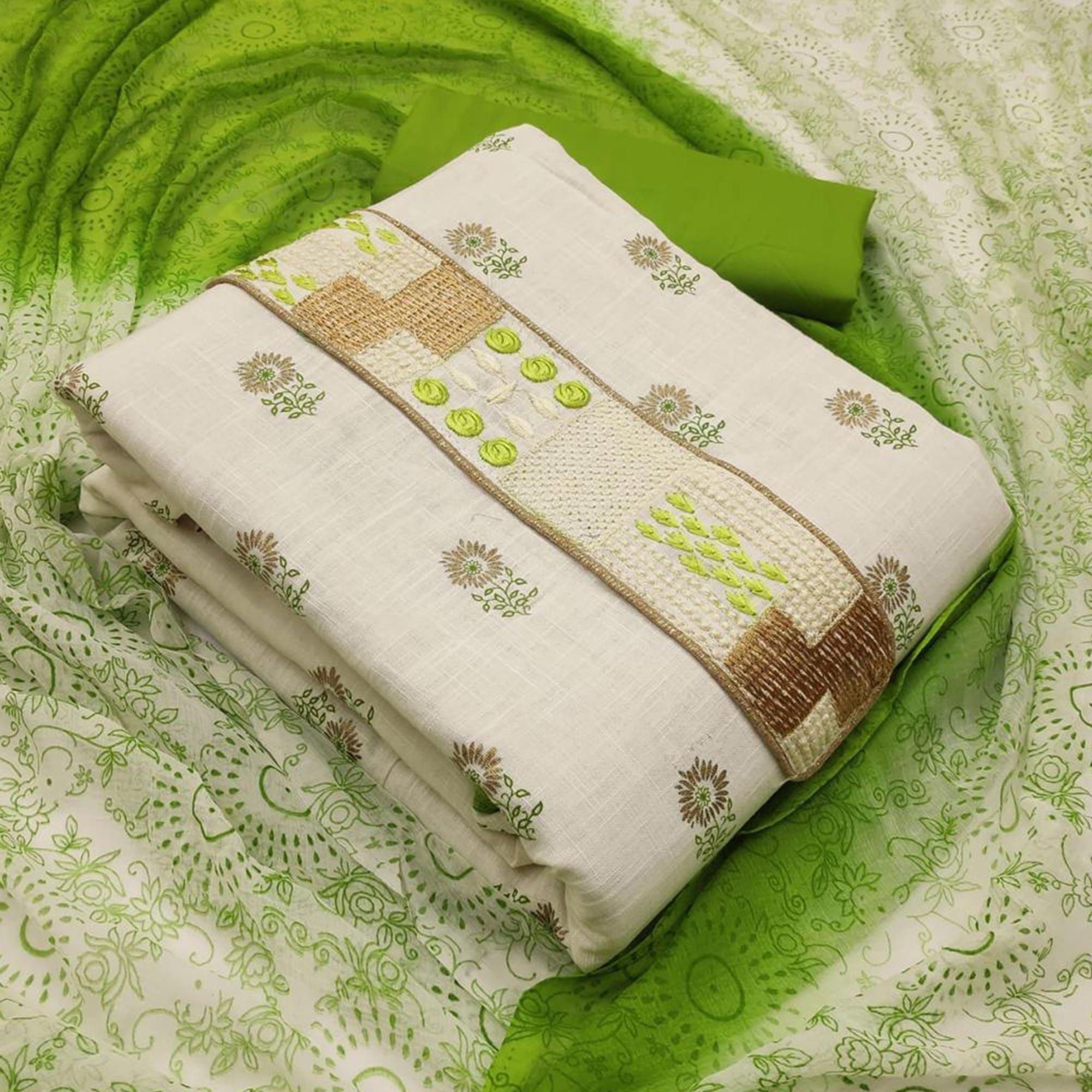 Flaunt White - Green Colored Casual Wear Embroidered Cotton Dress Material - Peachmode