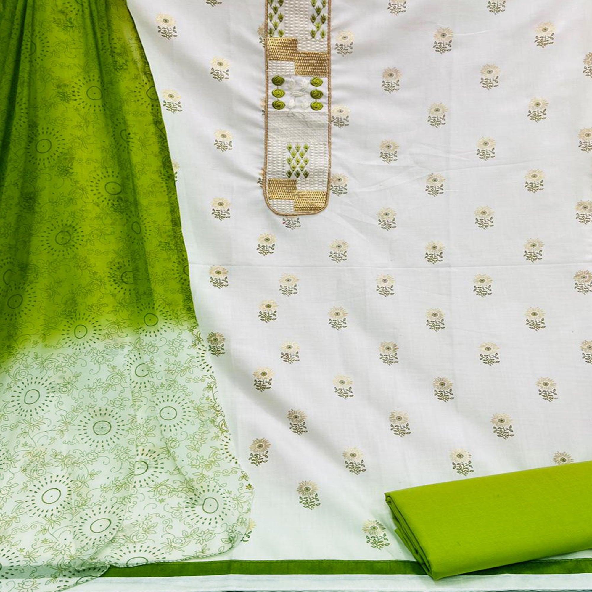 Flaunt White - Green Colored Casual Wear Embroidered Cotton Dress Material - Peachmode