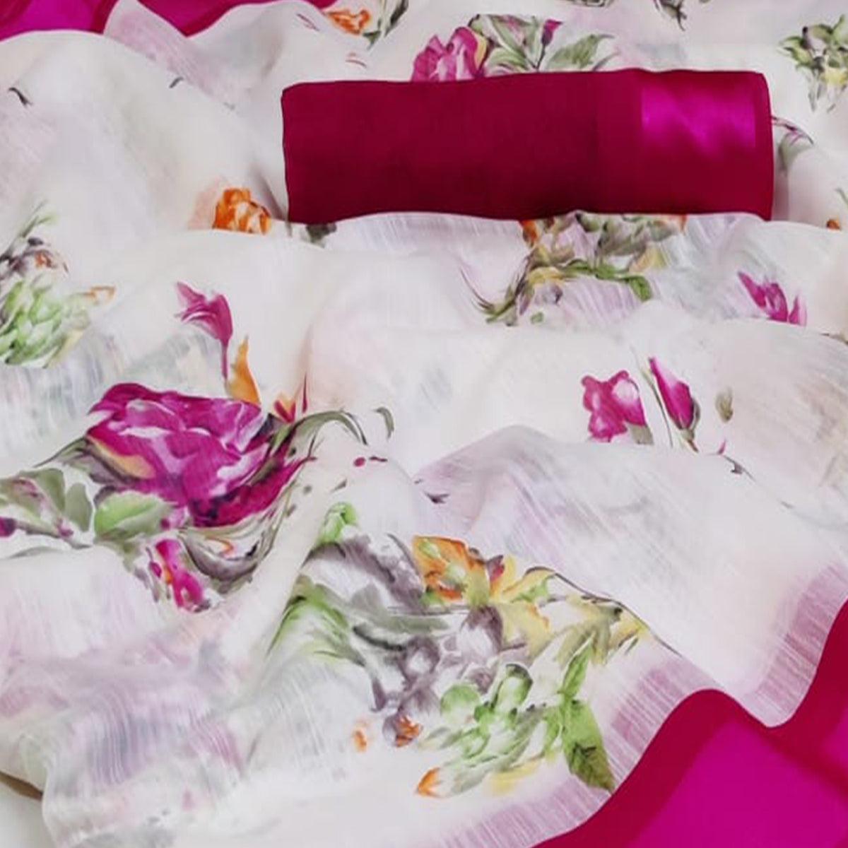 Flaunt White - Pink Colored Casual Wear Fancy Printed Linen Saree - Peachmode