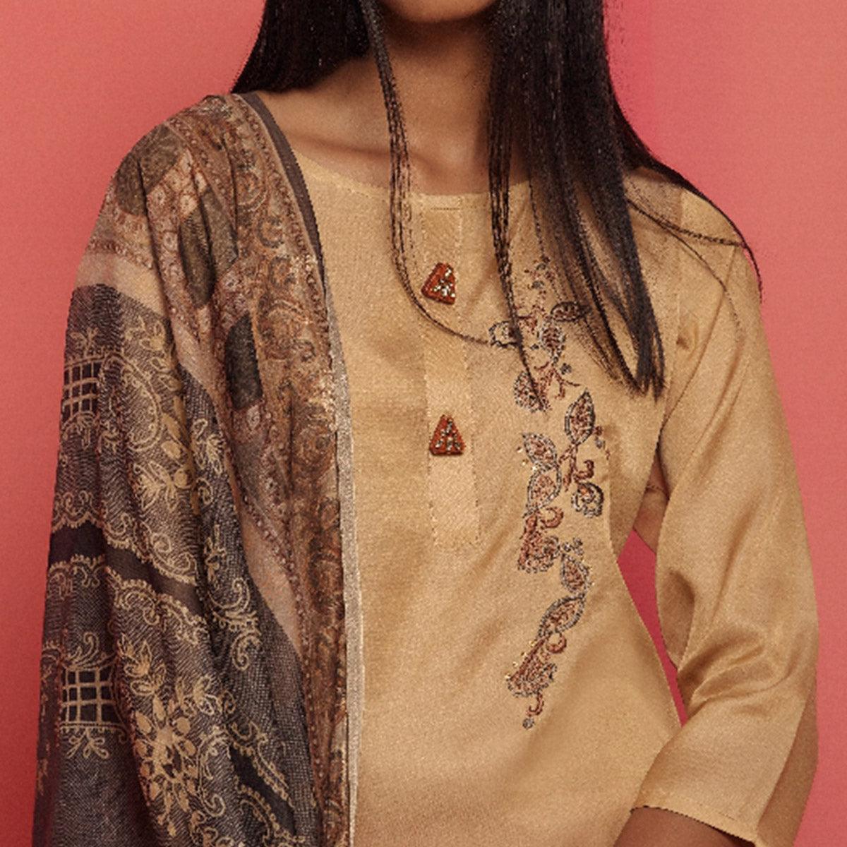 Flirty Beige Colored Partywear Embroidered Viscose Kurti With Dupatta - Peachmode