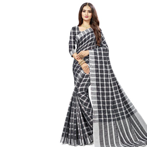 Flirty Black Colored Fesive Wear Checks Print Cotton Silk Saree With Tassels - Peachmode