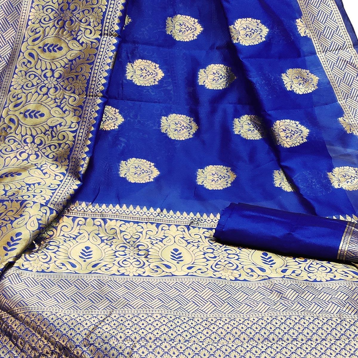 Flirty Blue Colored Festive Wear Woven Litchi Jacquard Silk Saree - Peachmode