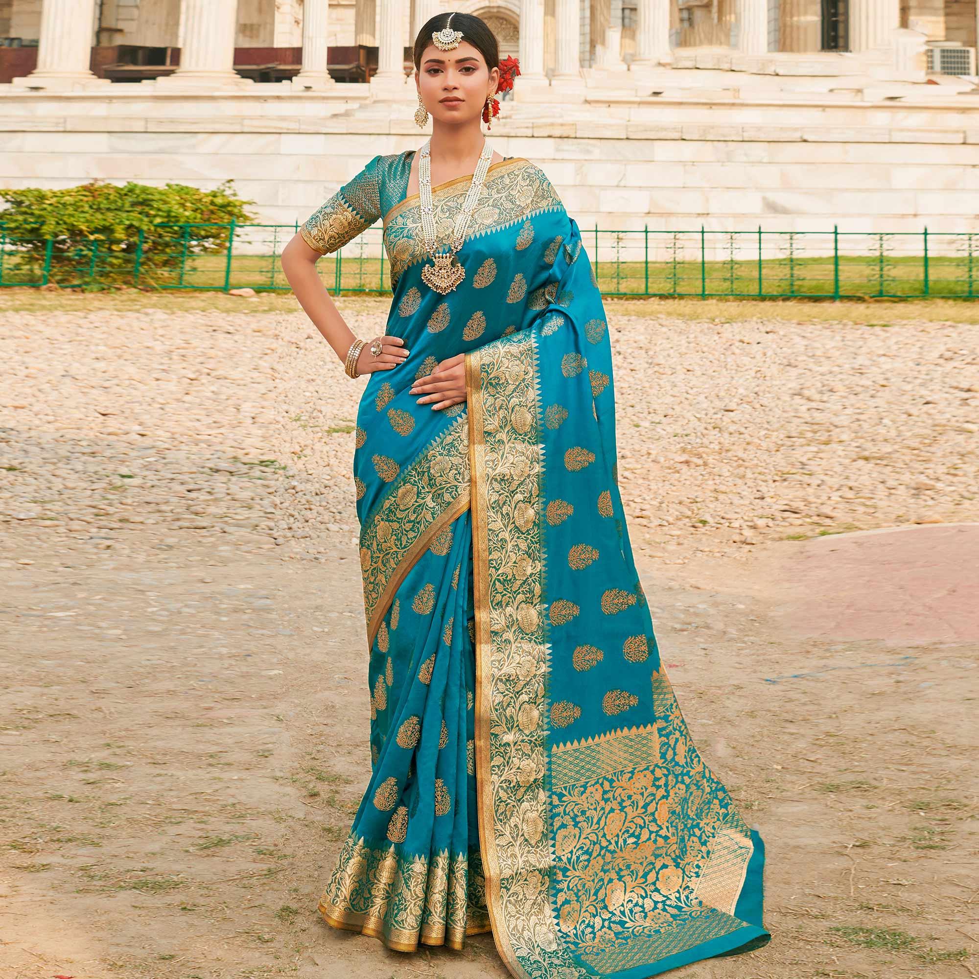 Flirty Blue Colored Festive Wear Woven Silk Sareee - Peachmode