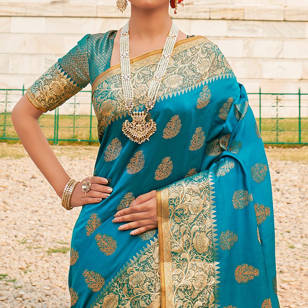 Flirty Blue Colored Festive Wear Woven Silk Sareee - Peachmode